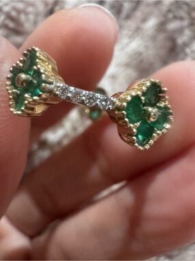 Certified Natural Emerald & Diamond Clover Ring 14K Yellow Gold Size 7.5”